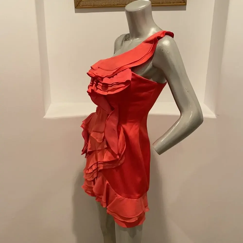 Bcbgmaxazria “ Jonesy” Coral One Shoulder Mini Ruffled Dress Size 4 BNWOT
